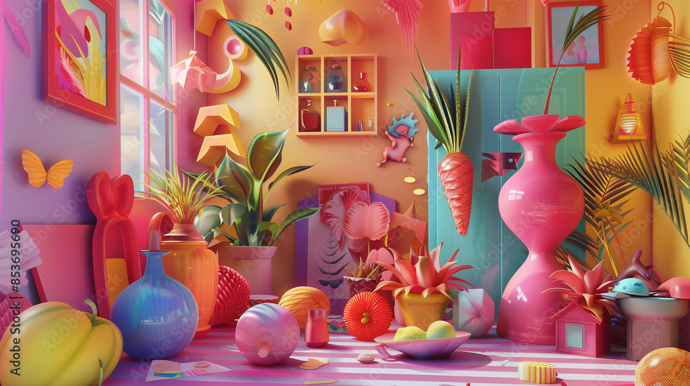 Fototapeta premium An imaginative artwork where familiar objects dissolve into colorful, abstract shapes, forming a surreal and vibrant composition.