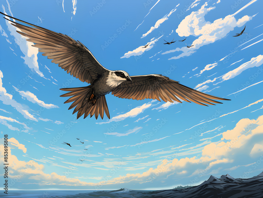 Naklejka premium Illustration of a bird soaring high against a vast expanse of a clear, bright blue sky 