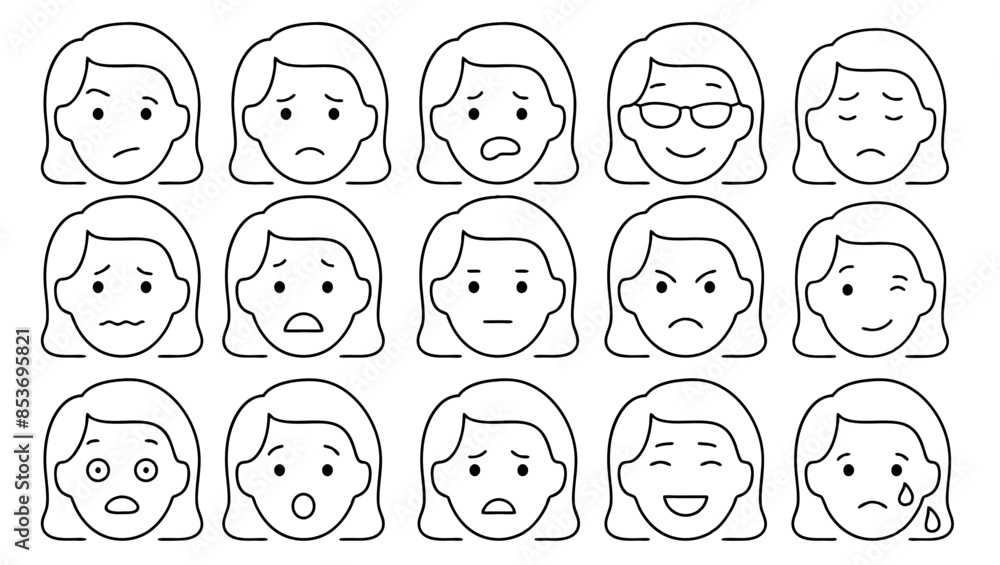 Set of Hand Drawn Female Faces with Various Emotions. Woman Line Icon Set of Hand Drawn Female Faces with Various Emotions. Woman Line Icon