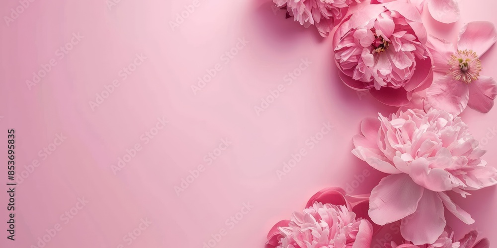 Pink peonies with petals scattered on a matching background Pink peonies with petals scattered on a matching background