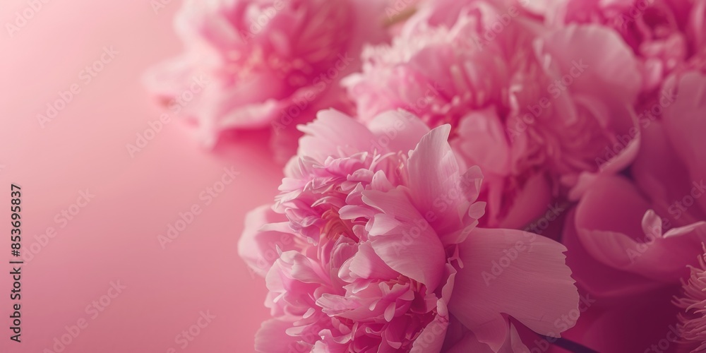 Pink peonies with petals scattered on a matching background Pink peonies with petals scattered on a matching background