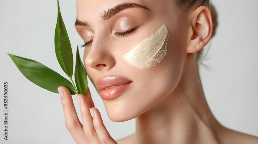 Woman with green leaf and smooth skin.A close-up portrait of a woman using a green face mask and leaf as part of a skincare routine, showing health and natural beauty Woman with green leaf and smooth skin.A close-up portrait of a woman using a green face mask and leaf as part of a skincare routine, showing health and natural beauty