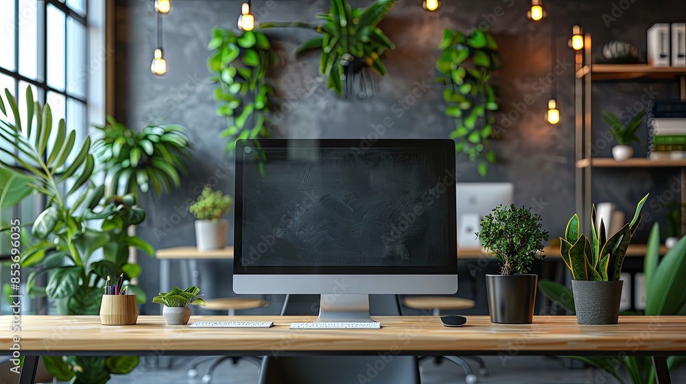 Office coworking interior with desks and pc monitors, window. Mock up wall Office coworking interior with desks and pc monitors, window. Mock up wall