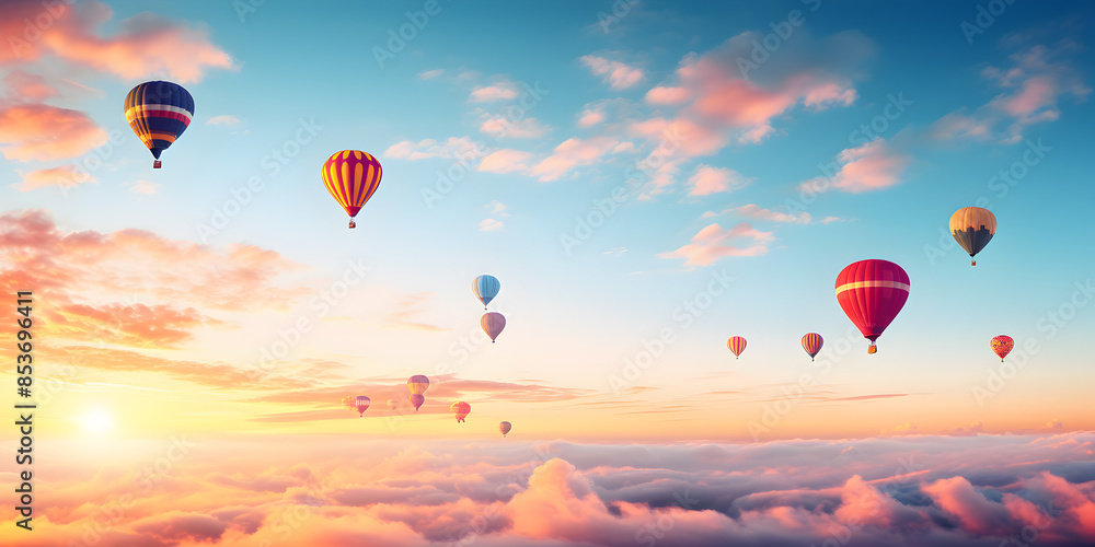 Fototapeta premium Hot air balloons of various colors floating in the sky during a clear morning