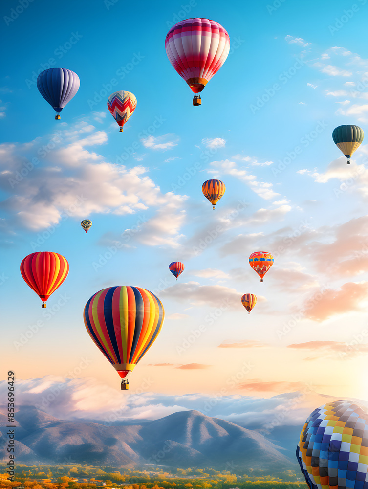 Fototapeta premium Hot air balloons of various colors floating in the sky during a clear morning 