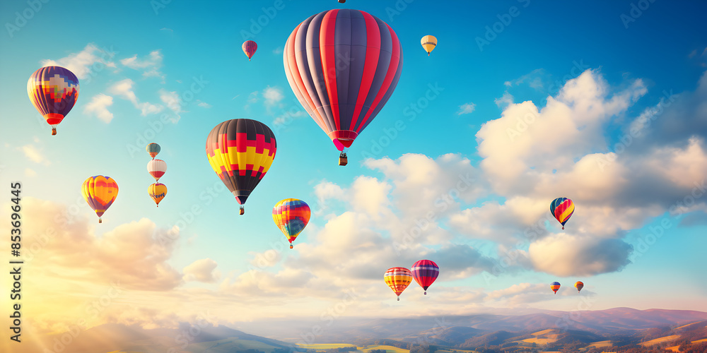 Fototapeta premium Hot air balloons of various colors floating in the sky during a clear morning 