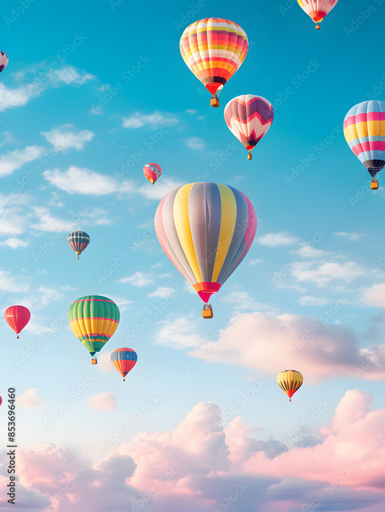 Hot air balloons of various colors floating in the sky during a clear morning Hot air balloons of various colors floating in the sky during a clear morning