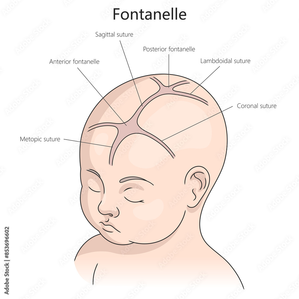 fontanelle and sutures in an infant's skull, including anterior and posterior fontanelles, sagittal, coronal, lambdoidal sutures diagram hand drawn raster illustration. Medical science illustration fontanelle and sutures in an infant's skull, including anterior and posterior fontanelles, sagittal, coronal, lambdoidal sutures diagram hand drawn raster illustration. Medical science illustration