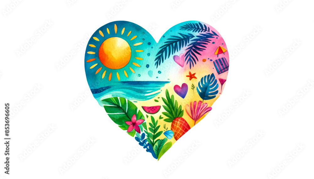 Colorful heart-shaped illustration featuring a vibrant tropical beach scene, symbolizing summer vacations and relaxation, ideal for tropical holiday themes and travel advertisements Colorful heart-shaped illustration featuring a vibrant tropical beach scene, symbolizing summer vacations and relaxation, ideal for tropical holiday themes and travel advertisements