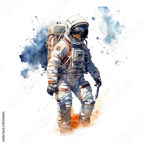 Portrait of an astronaut in outer space in a uniform in a spacesuit in watercolor on a transparent white background PNG. Cosmonautics day galaxy universe