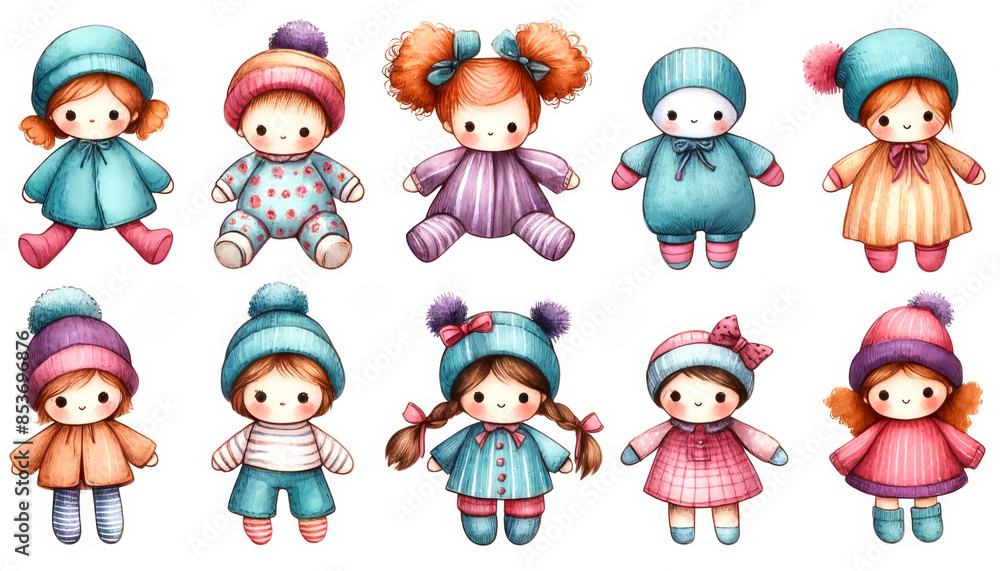 Obraz premium Cute watercolor illustrated dolls in colorful winter outfits, conceptually related to holiday gifting, Christmas, and childrens toys; featuring Caucasian styled characters