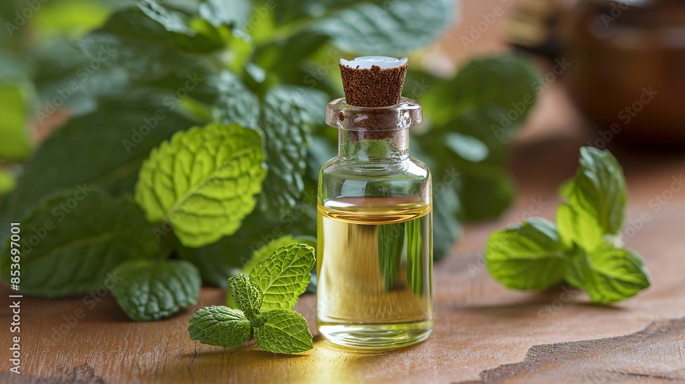 mint oil extract in a small bottle. selective focus. Generative AI, mint oil extract in a small bottle. selective focus. Generative AI,