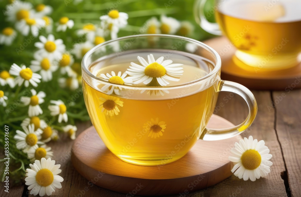 Chamomile herbal summer tea on wooden table in chamomile field. Healthy healing drink Chamomile herbal summer tea on wooden table in chamomile field. Healthy healing drink