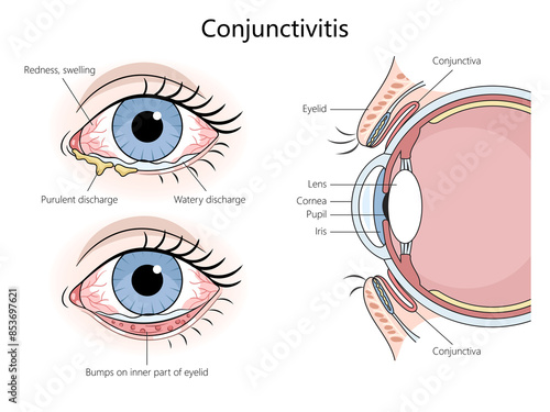 conjunctivitis symptoms and eye anatomy, including redness, swelling, discharge, and bumps on the eyelid diagram hand drawn schematic raster illustration. Medical science educational illustration