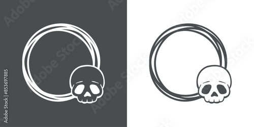 Símbolo pirata. Logo de calavera humana en marco circular con líneas para invitaciones y tarjetas de Halloween