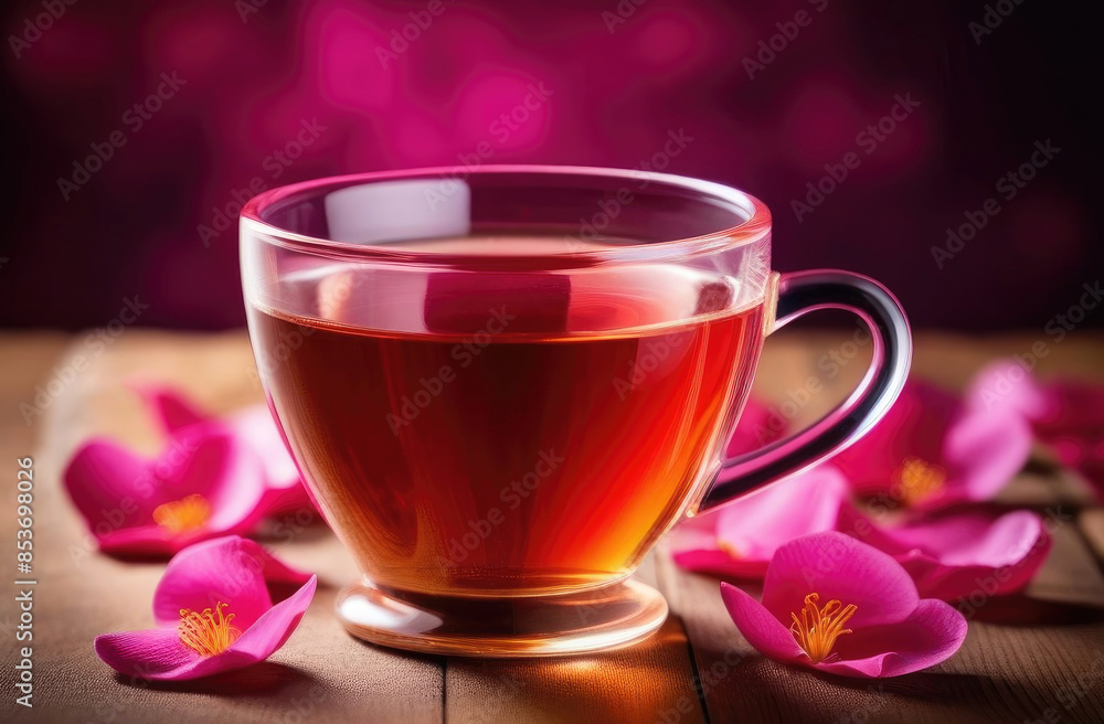Glass cup of rose tea on wooden table, petals of roses on pink background. Healthy soothing and relaxation drink Glass cup of rose tea on wooden table, petals of roses on pink background. Healthy soothing and relaxation drink