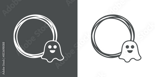 Logo de fantasma para invitaciones y tarjetas de Halloween. Silueta de fantasma en marco circular con líneas