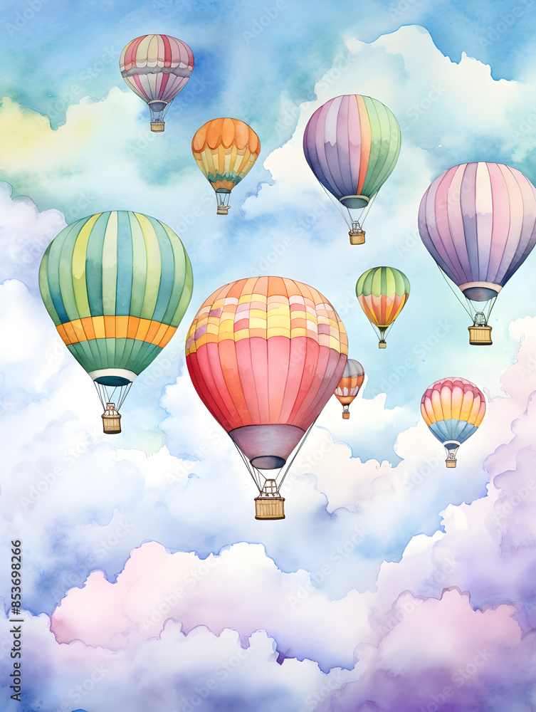 Fototapeta premium Watercolor illustration of hot air balloons of various colors floating in the sky 
