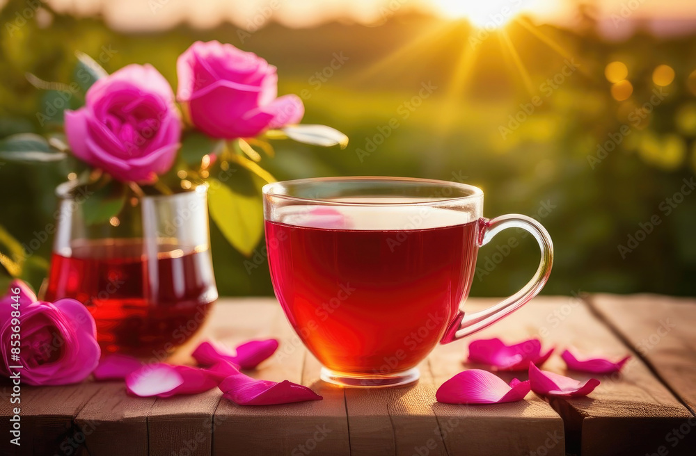 Glass cup of rose tea on wooden surface, bouquet of roses and petals on sunset, nature background. Healthy summer soothing and relaxation drink Glass cup of rose tea on wooden surface, bouquet of roses and petals on sunset, nature background. Healthy summer soothing and relaxation drink