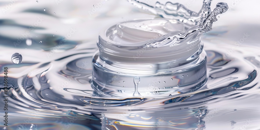 A small jar of cream is floating on top of a wave of water A small jar of cream is floating on top of a wave of water