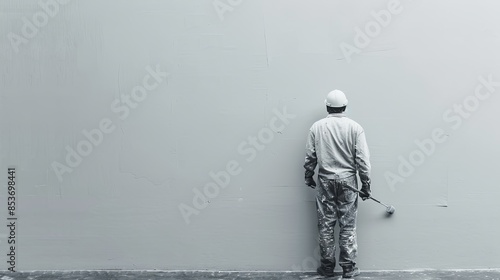 A painter in white work clothes stands in front of a wall, preparing to apply a fresh coat of white paint. Generative AI photo