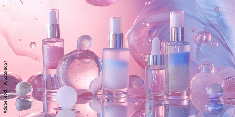 A collection of clear bottles with a pink background A collection of clear bottles with a pink background