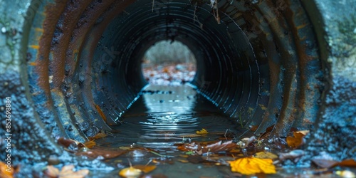 A tunnel with water and leaves in it