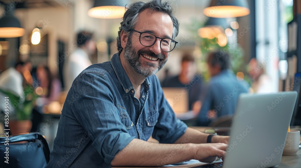 Smiling man in late thirties with glasses and short beard working on laptop at office desk, surrounded by busy modern open space environment, captured with wide angle lens Smiling man in late thirties with glasses and short beard working on laptop at office desk, surrounded by busy modern open space environment, captured with wide angle lens