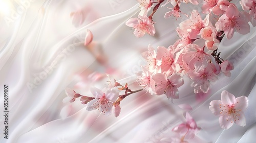 Romantic Sakura Banner A delicate pink sakura branch with blossoms cascading onto a white silk banner, sunlight filtering through the petals Focus on the banners texture and the soft light