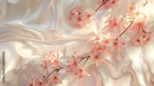 Romantic Sakura Banner A delicate pink sakura branch with blossoms cascading onto a white silk banner, sunlight filtering through the petals Focus on the banners texture and the soft light