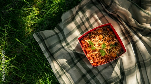 Delicious Noodles on Plaid Blanket in Sunlit Grass Picnic Scene