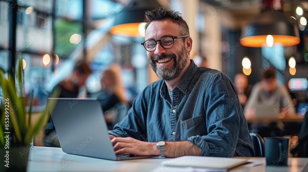 Obraz premium Smiling man in late thirties with glasses and short beard working on laptop at office desk, surrounded by busy modern open space environment, captured with wide angle lens