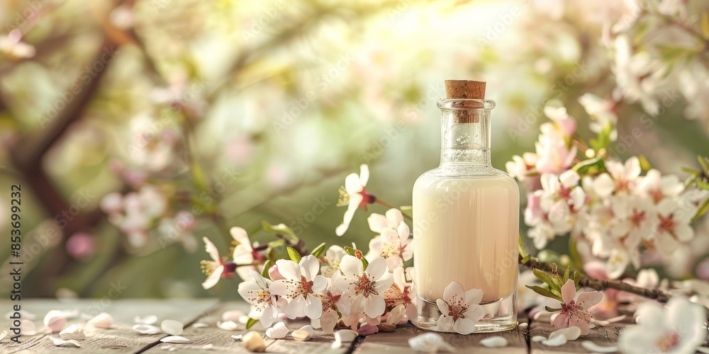 A bottle of lotion is placed on a table next to a bunch of flowers A bottle of lotion is placed on a table next to a bunch of flowers