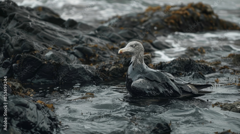 Seagull covered in black oil struggling on a rocky shore, surrounded by seaweed and rocks Seagull covered in black oil struggling on a rocky shore, surrounded by seaweed and rocks