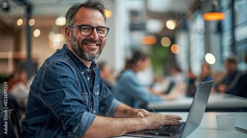Smiling man in late thirties with glasses and short beard working on laptop at office desk, surrounded by busy modern open space environment, captured with wide angle lens
