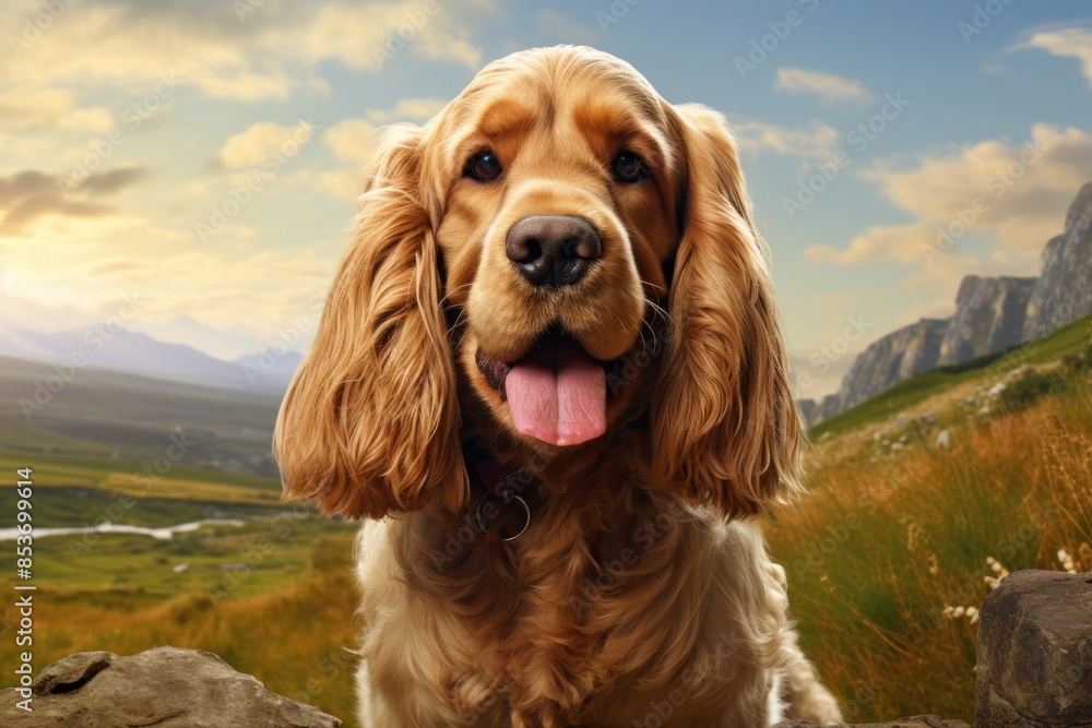 Portrait of a funny cocker spaniel isolated in backdrop of an idyllic countryside Portrait of a funny cocker spaniel isolated in backdrop of an idyllic countryside