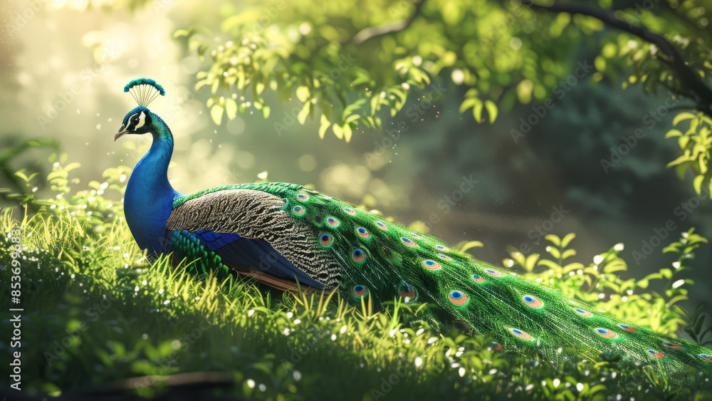 Peacock Displaying Feathers in Sunlit Garden
Peacock Displaying Feathers in Sunlit Garden