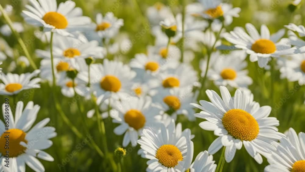 Stunning daisies blooming in a meadow under the clear sun. A creative shot capturing the beauty of bright daisies against a sunny backdrop. A close-up view of the macrocosm within the blooming summer Stunning daisies blooming in a meadow under the clear sun. A creative shot capturing the beauty of bright daisies against a sunny backdrop. A close-up view of the macrocosm within the blooming summer