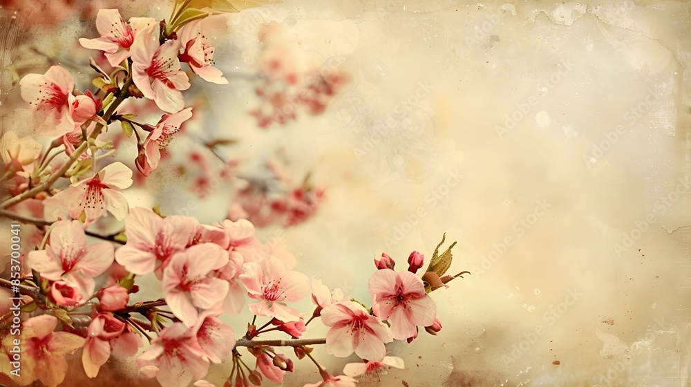 Fototapeta premium Vintage Sakura Banner A vintage, faded banner with a handpainted sakura branch and blossoms, using a soft, nostalgic color palette The background is a sepiatoned photograph of a Japanese garden