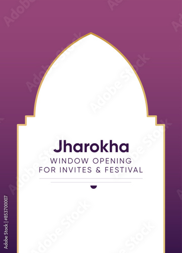 Abstract jharokha Islamic point arch Frame islamic building architecture invite festival greeting wedding diwali. Royal purple gradient with gold emblem window opening gate. Copy space for text middle photo