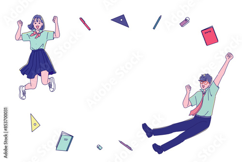 笑顔でジャンプする男女の学生と勉強道具