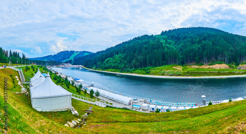 Panorama of Molodist Lake and Carpathians, Bukovel, Ukraine photo