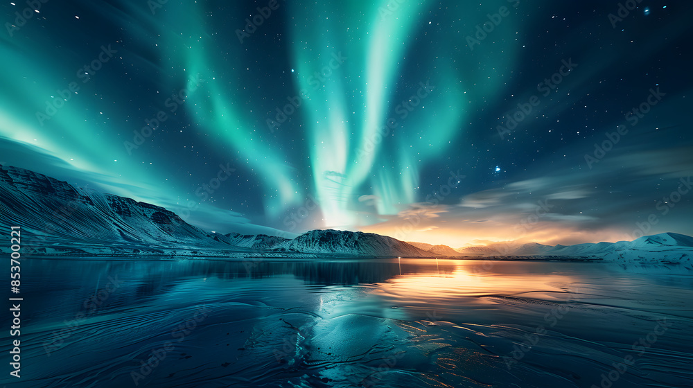 Naklejka premium Aurora en el cielo nocturno Fondo del paisaje de la aurora boreal Región ártica cielo estrellado de luz brillante