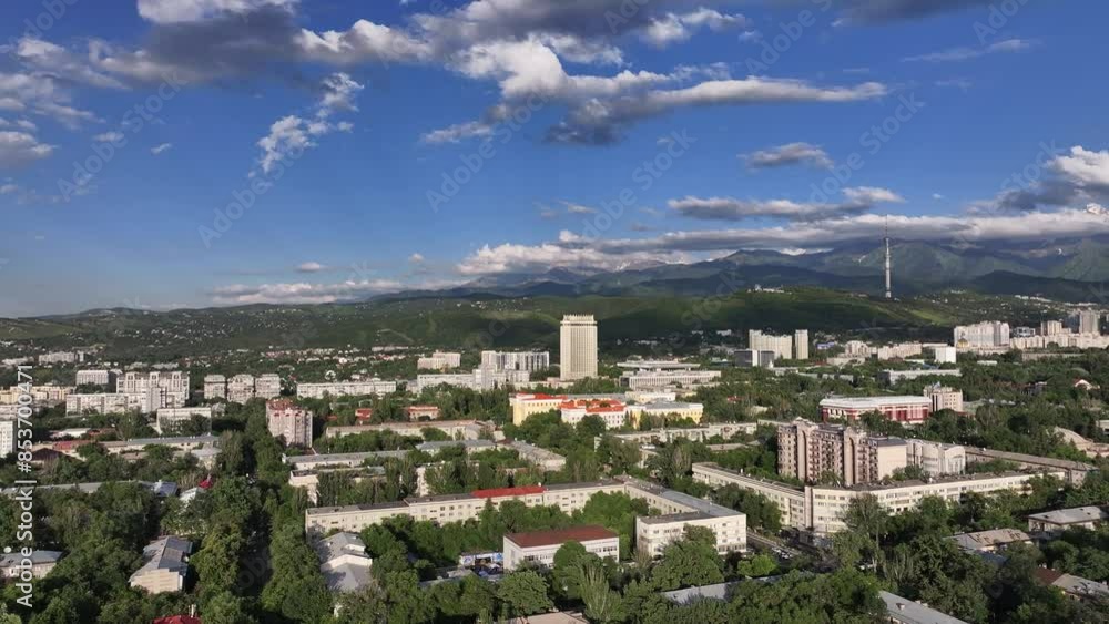 View from a quadcopter of the central part of the Kazakh city of Almaty on a summer evening View from a quadcopter of the central part of the Kazakh city of Almaty on a summer evening