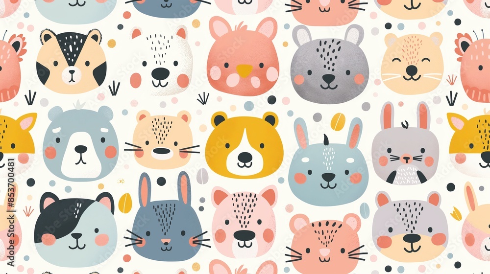 Fototapeta premium Adorably illustrated faces of various animals including a bear, rabbit, and fox, peppered with playful polka dots.