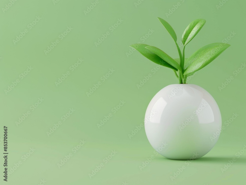 Minimalist Green Background With Sprout In White Pot. Minimalist Green Background With Sprout In White Pot.