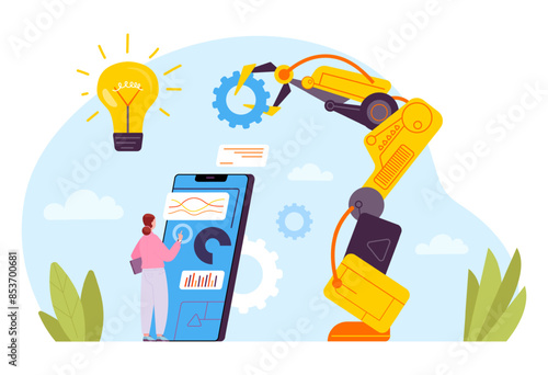 Business automation program. Computer engineer programming automated business process for industry robot arm machines professional services automated work ad illustration