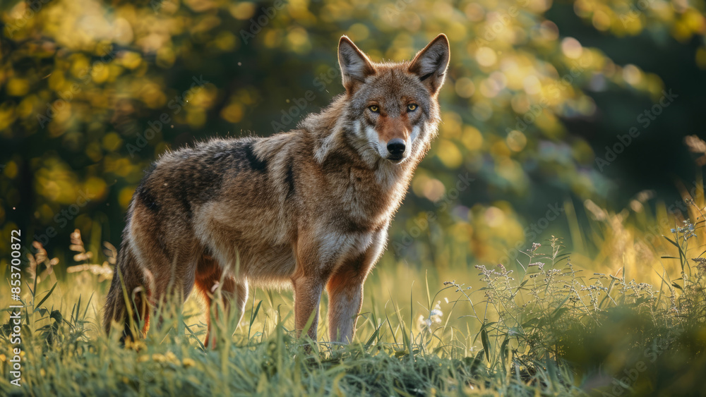 A majestic wolf standing in a sunlit forest clearing, its eyes alert and focused.
A majestic wolf standing in a sunlit forest clearing, its eyes alert and focused.