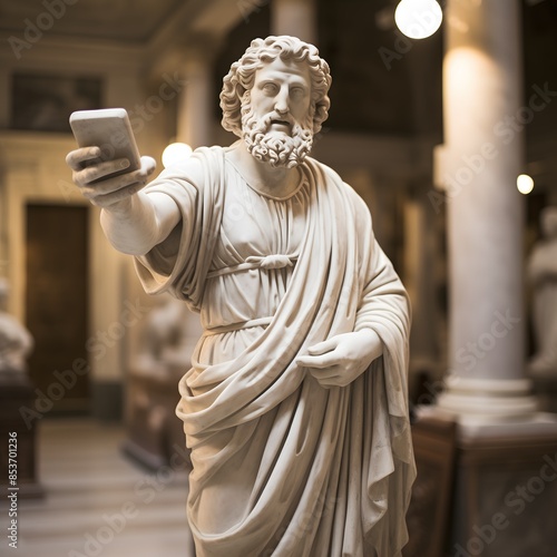 An ancient Greek statue is taking a selfie with a smartphone