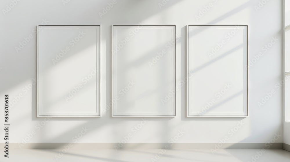 Trio of vertical posters in a clean, white-walled room, modern and minimalist design, ideal for mock-up displays, natural light enhancing the presentation Trio of vertical posters in a clean, white-walled room, modern and minimalist design, ideal for mock-up displays, natural light enhancing the presentation